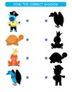 Find the correct shadow. Kids educational game. Cartoon animal: zebra, turtle, frog, kite.